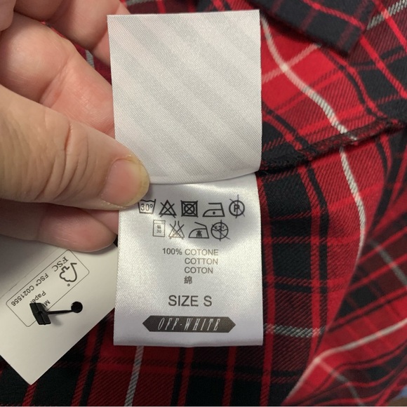 Off-White Red Black Plaid Check Flannel Buttoned Down Extra Long Shirt Size S - Picture 15 of 15